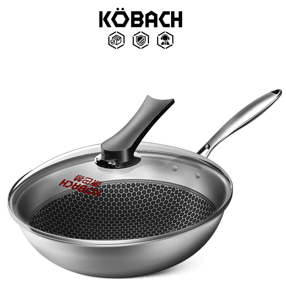 KOBACH 32cm kitchen wok nonstick pan stainless steel wok honeycomb nonstick bottom kitchen cookware frying pan with lid