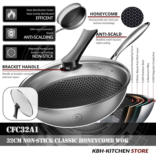 KOBACH 32cm kitchen wok nonstick pan stainless steel wok honeycomb non
