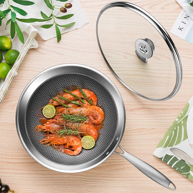 Nonstick Stir Fry Pan with Cover, Long Handle Cookware Skillet ,Non Coating Frying Pan, for Fried ,Breadfish Sandwiches Cheese Cake Pancakes 32cm Flat